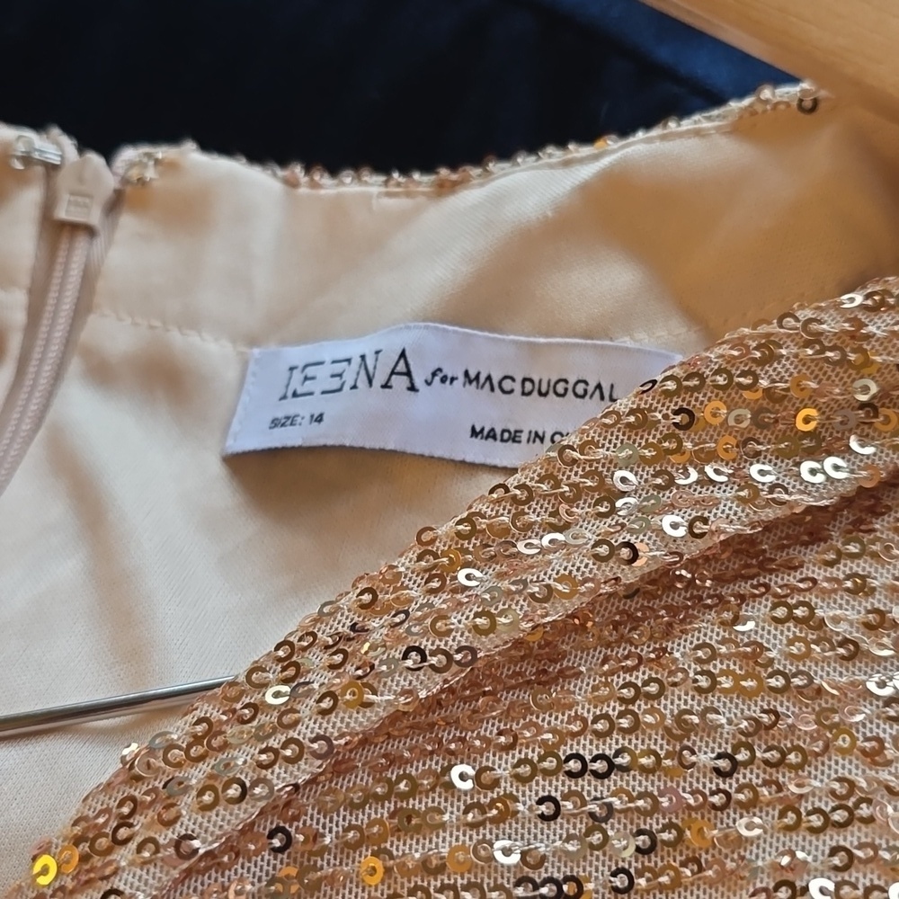 NWT! Ieena for Mac Duggal, Sequined High Low Front Twist Midi Dress, Rose Gold - Picture 2 of 10
